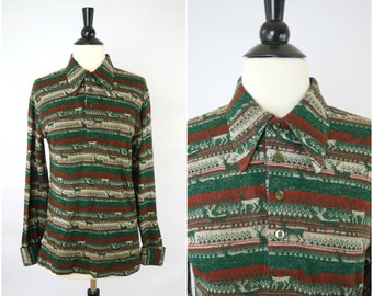 Vintage HOLIDAY Christmas reindeer retro shirt / long collared woodland fair isle tee