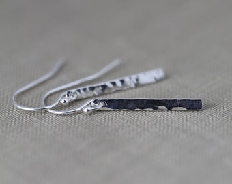 Tiny Silver Bar Earrings - Hammered Silver Earrings - Handmade Jewelry by Burnish - Minimalist Jewelry - Dangle Earrings