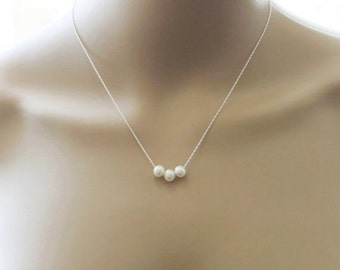 Real pearl necklace- Rope chain- Three pearl floating necklace- infinity necklace- Bridesmaid necklace- Bridesmaid jewelry- Bridal necklace