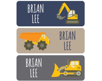 Boy Name Labels, Daycare Name Labels, School Name Labels, Waterproof Labels, Dishwasher Safe, Construction Vehicles, Dump Truck, Bulldozer