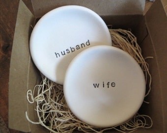 wedding ring holders, ring dish, Husband and Wife, set of 2, engagement, Wedding Decor, Black and White, Hand Made Pottery, IN STOCK