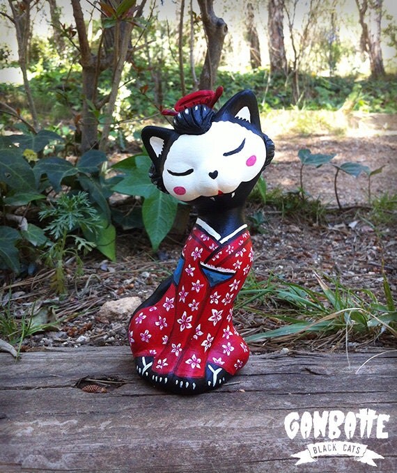 Geisha Cat Figurine Cat Sculpture Geisha Kimono Japanese art