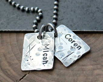 Personalized Men's Necklace, Men's Custom Jewelry, Hand Stamped Names, Fine Silver Tag, Raw Silver Dog Tag Necklace, Trashed Men's Necklace