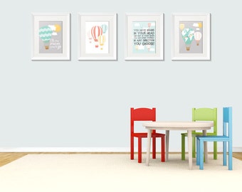 Dr. Seuss quote Whimsical Hot Air Balloon wall art set of 4 digital prints.
