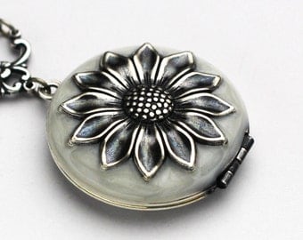 Sunflower Locket, Sunflower Necklace, Enamel Jewelry, Silver Sunflower, Sunflower Wedding, Birthday Gift, Bridesmaid Gift, Gift for Her
