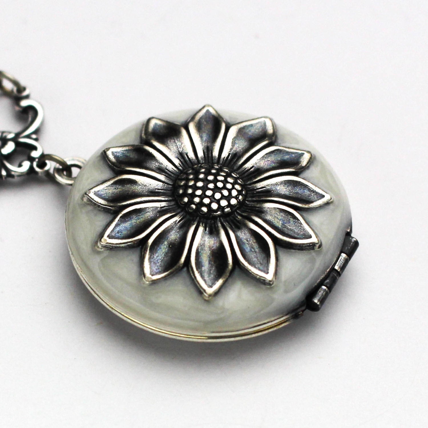 Sunflower Locket Sunflower Necklace Enamel Jewelry Silver