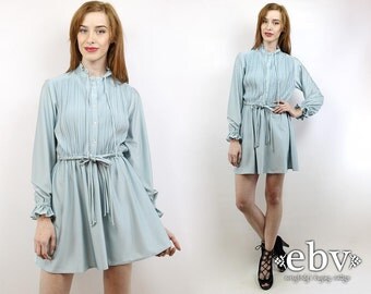 Secretary Dress 80s Dress 1980s Dress Vintage 80s Powder Blue Secretary Day Dress M Tuxedo Dress Ruffled Dress Pleated Dress Disco Dress