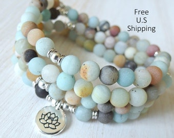 Amazonite Mala, 108 beads, Mala Bracelet or Necklace, Reiki, Buddhist Rosary,Prayer beads, Gemstone, wrist mala, Lotus, buddha, ohm, om