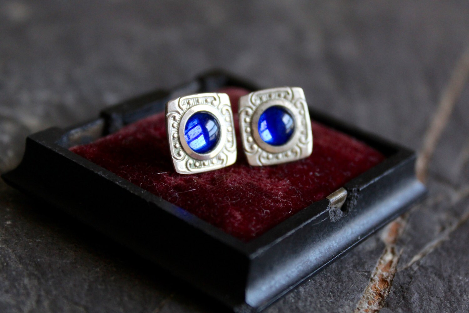 Antique cufflink earrings Silver and cobalt blue vintage
