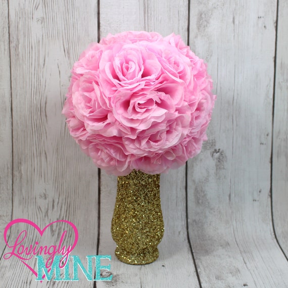 Centerpiece Glitter Gold Glass Vase & Pink Faux Silk Rose