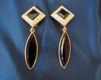 Vintage Rhinestone & Faux-Onyx Dangle Glam Clip-on Earrings