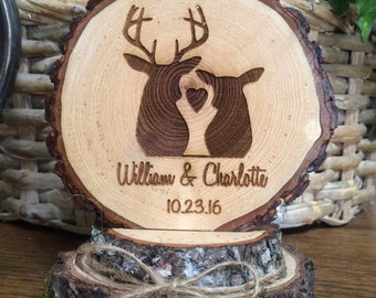 Rustic Wedding Cake Topper, Engraved Wedding Topper, Deer Couple Topper, Personalized Topper, Custom Topper, Barn Wedding, Country Wedding