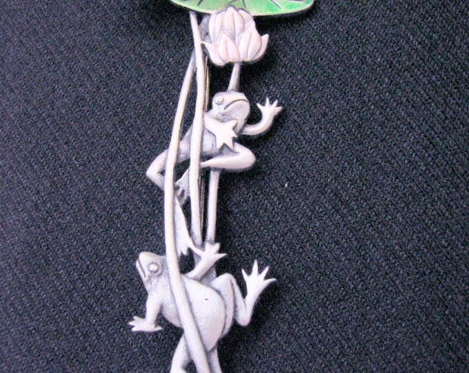 Vintage JJ Enamel Lavender Brooch / Floral Motif / Frog Motif / Signed / Pewter Patina / Jewelry / Jewellery