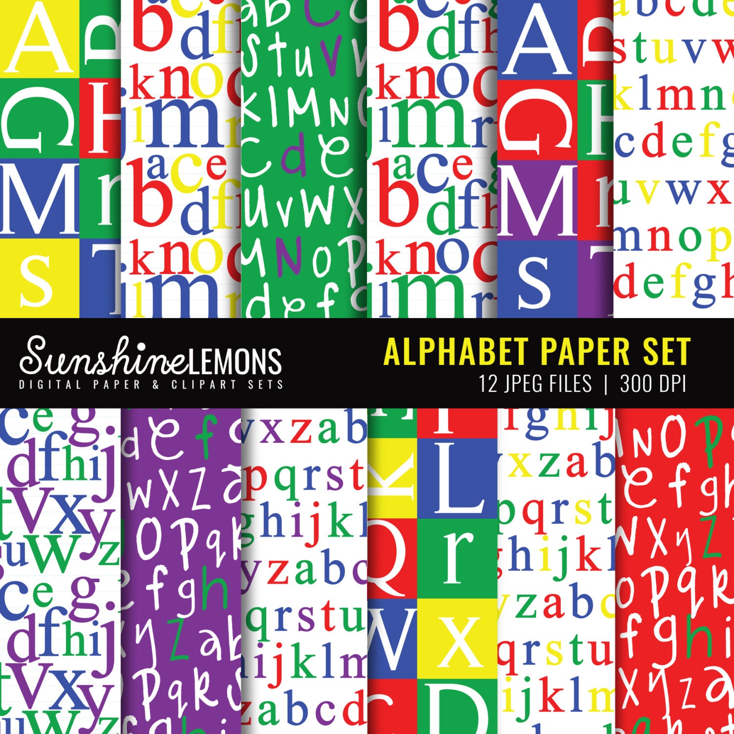 Alphabet Digital Scrapbooking Papers in Primary Colors Set