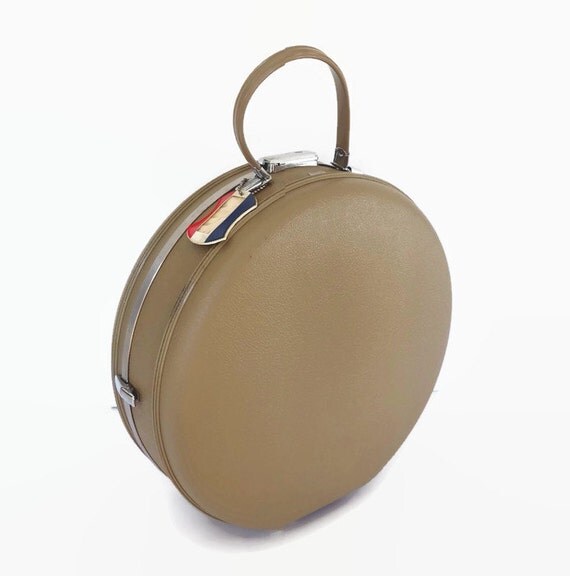 Round Luggage Train Case Tan Suitcase Vintage America