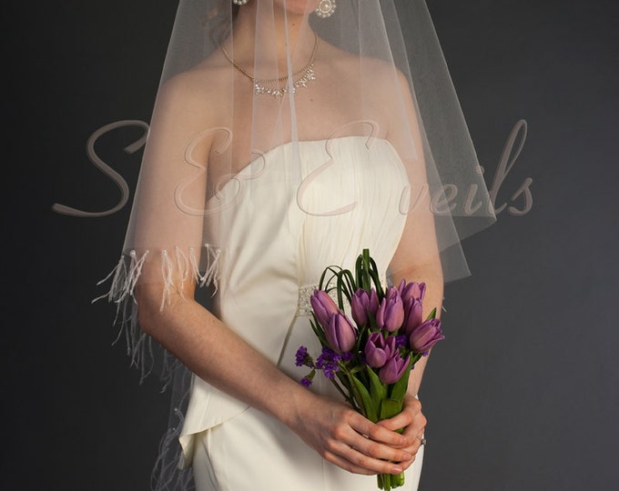 Ready to ship: White color, 2-tier Drop veil features feathers and pearls around edging, bridal veil.