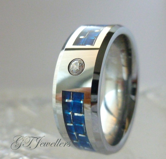 Tungsten Ring Silver Tungsten Gem Ring Blue Carbon by GTJewellers