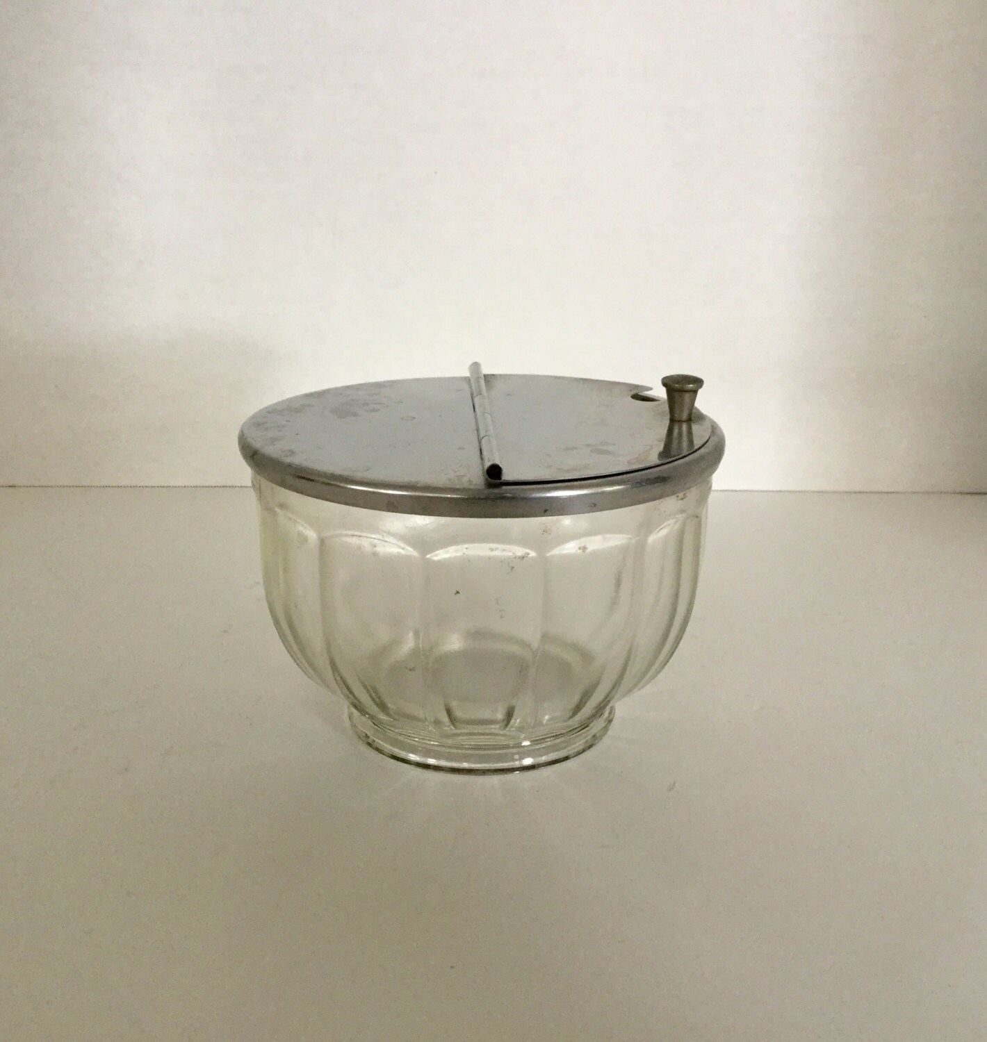 Vintage Glass Sugar Bowl With Steel Flip Top