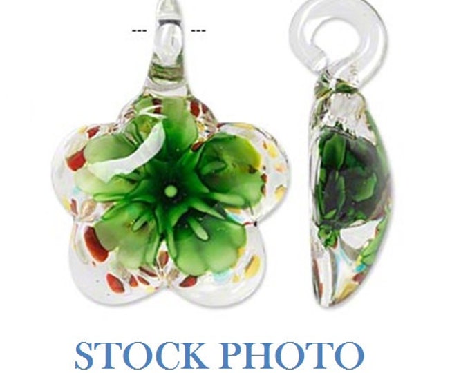 Pendant, lampwork glass, multicolored with copper-colored foil, 45x34mm single-sided domed flower. Sold individually.