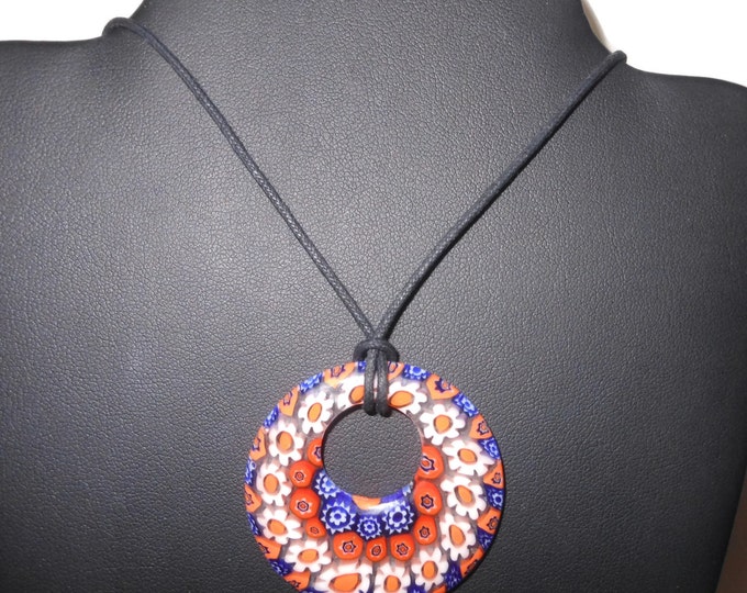 Millefiori glass pendant, 40mm round blue orange and white flowers, orange and white daisies, round go-go black cord, silver plated findings