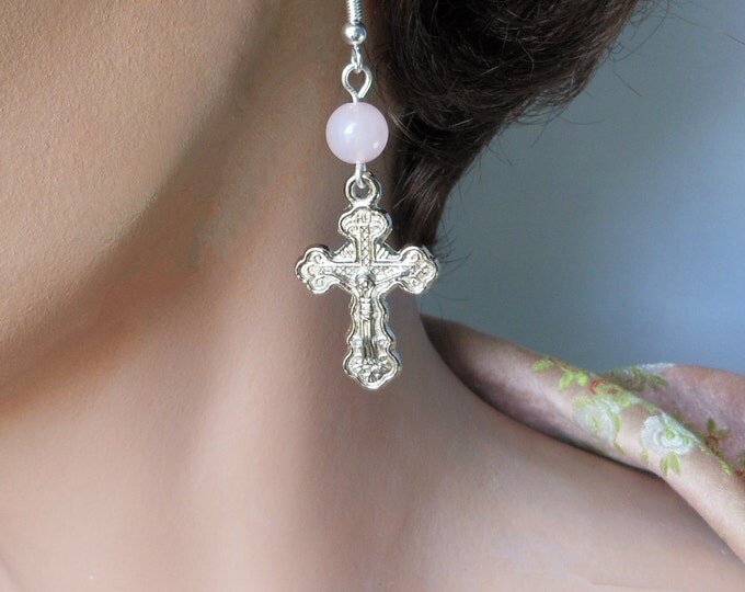 Orthodox Crucifix Earrings, handmade Russian Orthodox silver plated with rose quartz beads, cross pierced dangle earrings.