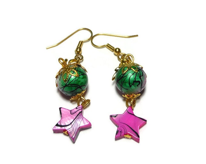 FREE SHIPPING Star earrings, handmade pink mother of pearl stars and pink and green painted glass beads dangle on a gold chain, french hooks