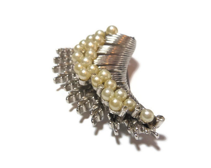 FREE SHIPPING Crown Trifari brooch, 1950s early 60s large silver plated crested wave textured brooch, creamy faux pearls, small rhinestones