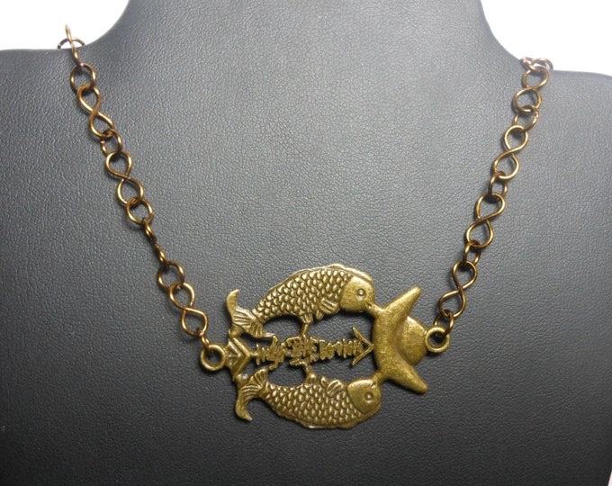 Double fish necklace, antiqued brass-finished, fish and ingot design, Chinese characters for "Treasures fill the home", wire wrapped chain