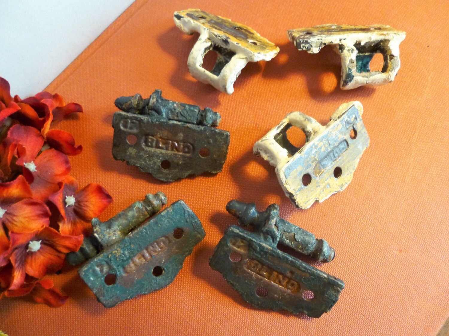 Three Complete Exterior Antique Iron Shutter Hinges, Architectural