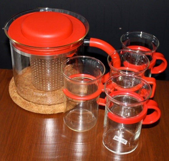 Vintage Bodum Teapot Tea Glasses Red Bodum by NotMadeInChinaFinds