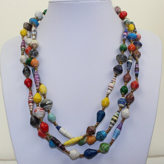 Hand Rolled Paper Beads Necklace. Ethnic African. Paper Mache.