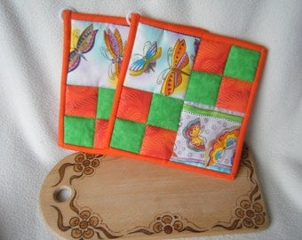 Colorful Orange and Green Quilted Potholders - Set of 2
