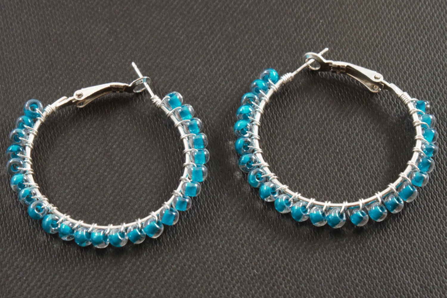 Blue Glass Bead Wrapped Hoop Earrings Blue Beaded Hoop 4554