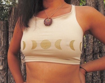 Capella Crop Top with Moon Phases Screen Print. Moon Cycle Sport Bra Top. Hot Yoga Active Wear.