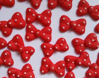 Red polka dot bows: 12 pieces -- Edible cupcake toppers cake decorations cake pops Minnie Mouse