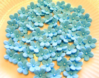 GUM PASTE TURQUOISE Blossoms with White Center Pearl / Cake Topper / Cupcake Decorations