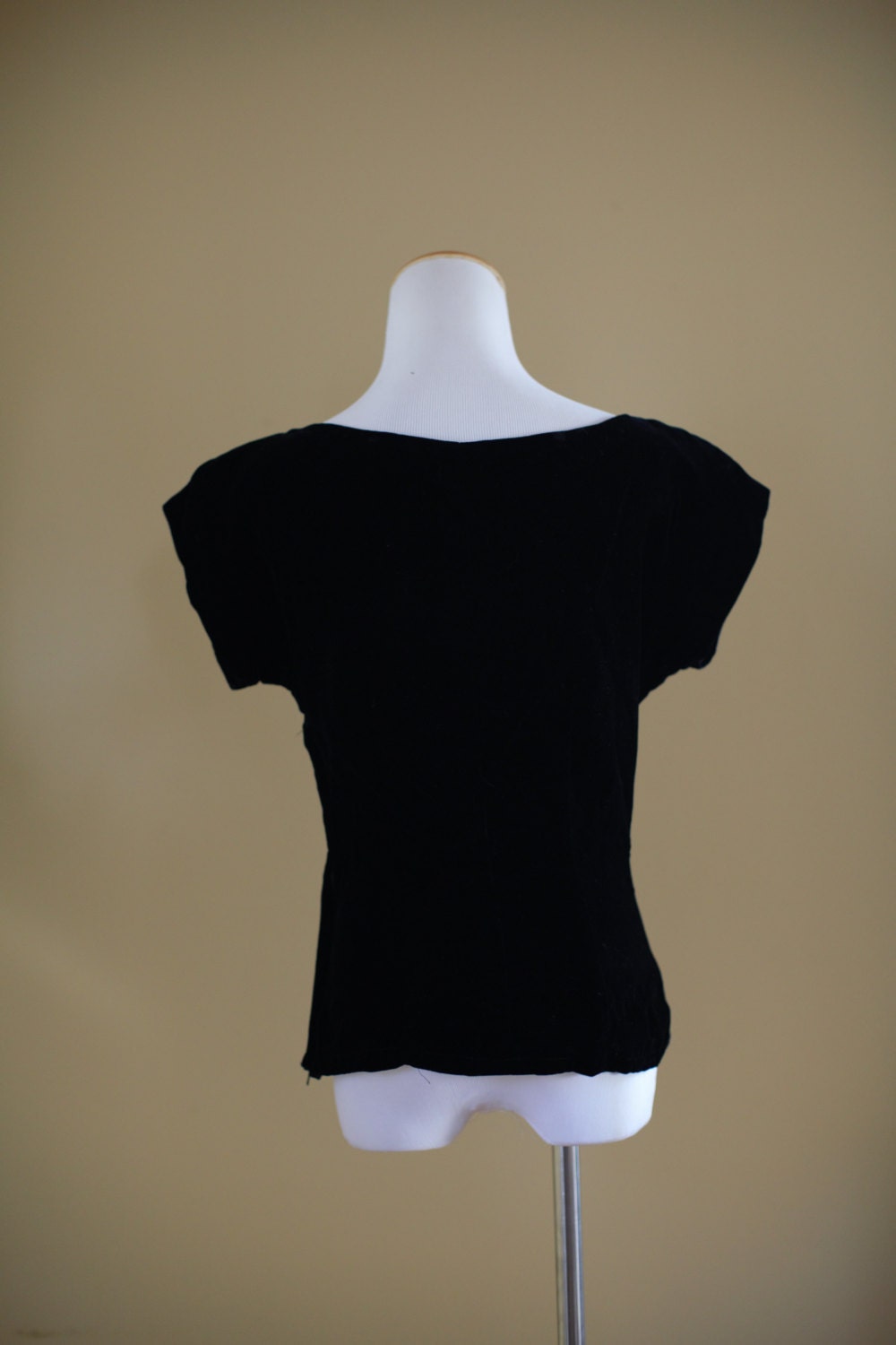 1950s Black Velvet Blouse 40s 50's Side Zip Shirt