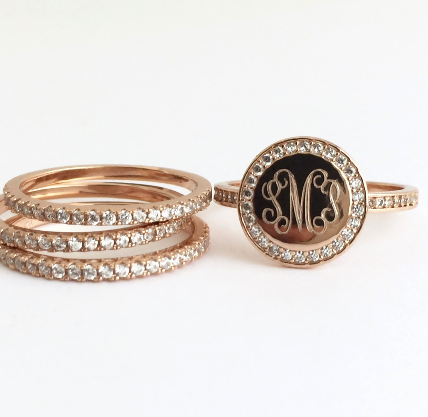 Rose Gold Ring Set Monogram Stacking Ring Personalized
