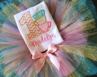 Girl's Tea Party Birthday outfit, tea cups, first birthday