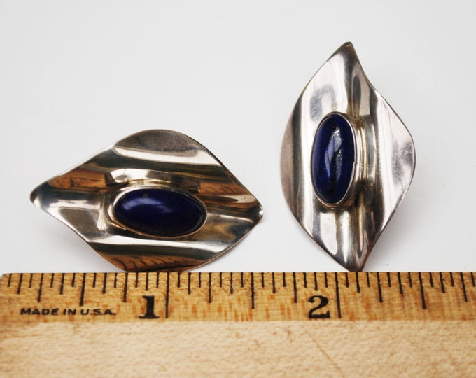 Sterling Lapis Earrings - Blue Gemstone - Silver oval Wave - southwestern pierced stud earrings