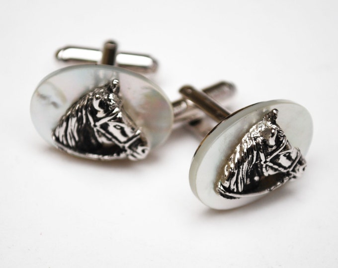 Horse Cuff links White mother of pearl and silver horse head Wedding Groom Equestrian Cuff-links