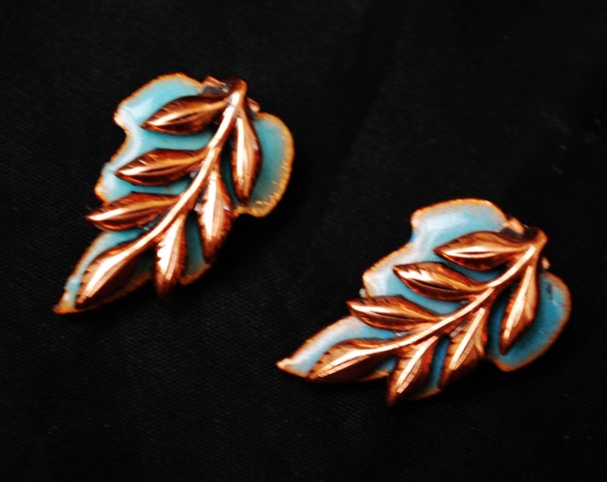 Copper Leaf Earrings - Blue Enamel and Copper Leaf - Signed Matisse -Mid Century - Laurel Leaf