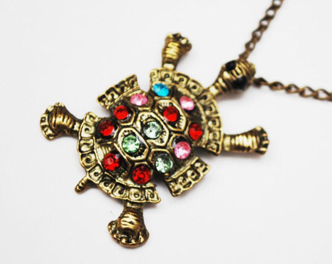 Turtle Pendant Necklace - colorful red pink blue and green Glass Rhinestone - 26 inches