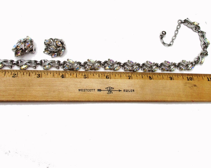Trifari Rhinestone Necklace and Earrings set - Aurora Borealis -Silver - Mid Century