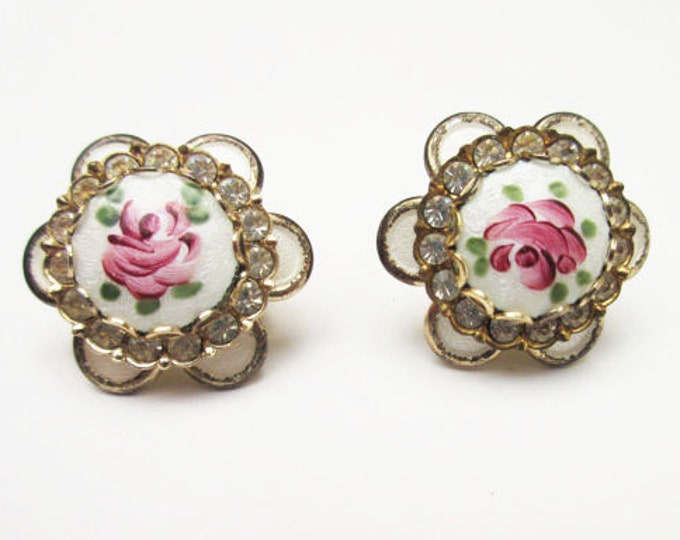 Guilloche Enamel Brooch and Earring Set - Rhinestone and Pink Rose Flower -Gift for her