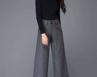 Wool pants, womens pants, grey pants, dark gray pants, winter pants, loose pants, wide leg pants, grey trousers, palazzo pants C1002