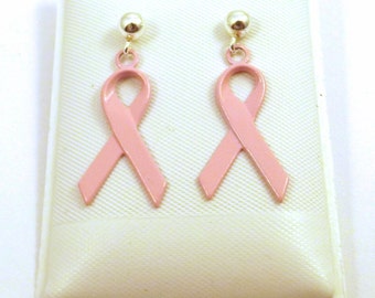 Pink Enameled Ribbon Charms on Sterling Silver Stud Earrings - Breast Cancer Awareness - 5015