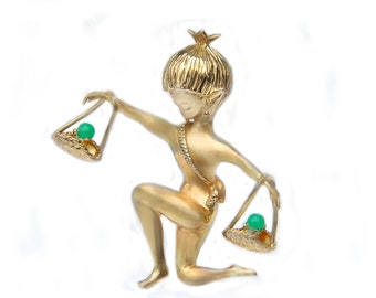 Pixie Elf Brooch Zodiac Libra Sterling Jewelry For Women Gold Wash Over Silver Signed Vogue Pin Fantasy Elf Pixie Balance Scales October