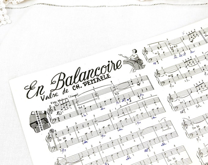 Vintage French Accordion Sheet Music / Score from the 1970 Valse "En Balancoire" French Songs, Instrument, France,Singing, Melody, Waltz