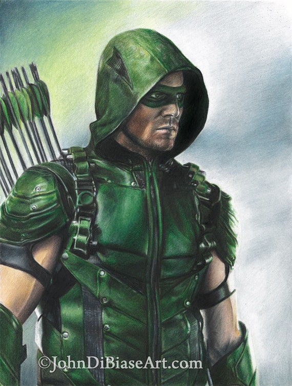 Full Color Drawing Print of Stephen Amell as Green Arrow in